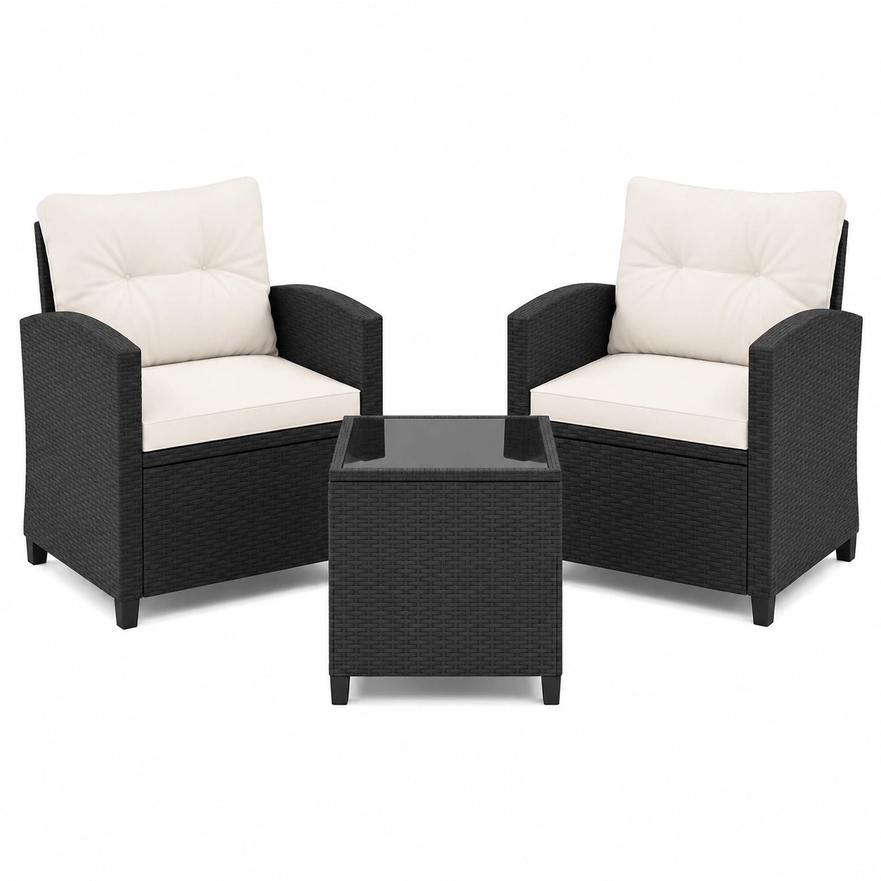 Salon de jardin, en verre et résine tressée, rembourré, coloris noir et blanc, 2 places, pour la terrasse ou le jardin