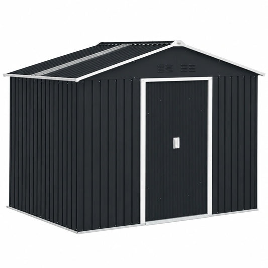 Abri de jardin, avec rangement, avec portes coulissantes, avec portes, en acier et verre, 277 x 195 x 192 cm, coloris gris, pour le jardin